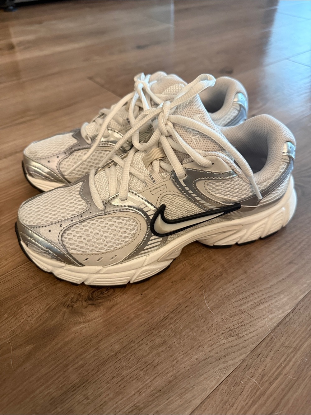 Nike Women’s  Nike V2K Run White & Silver Sneakers with Black Swoosh